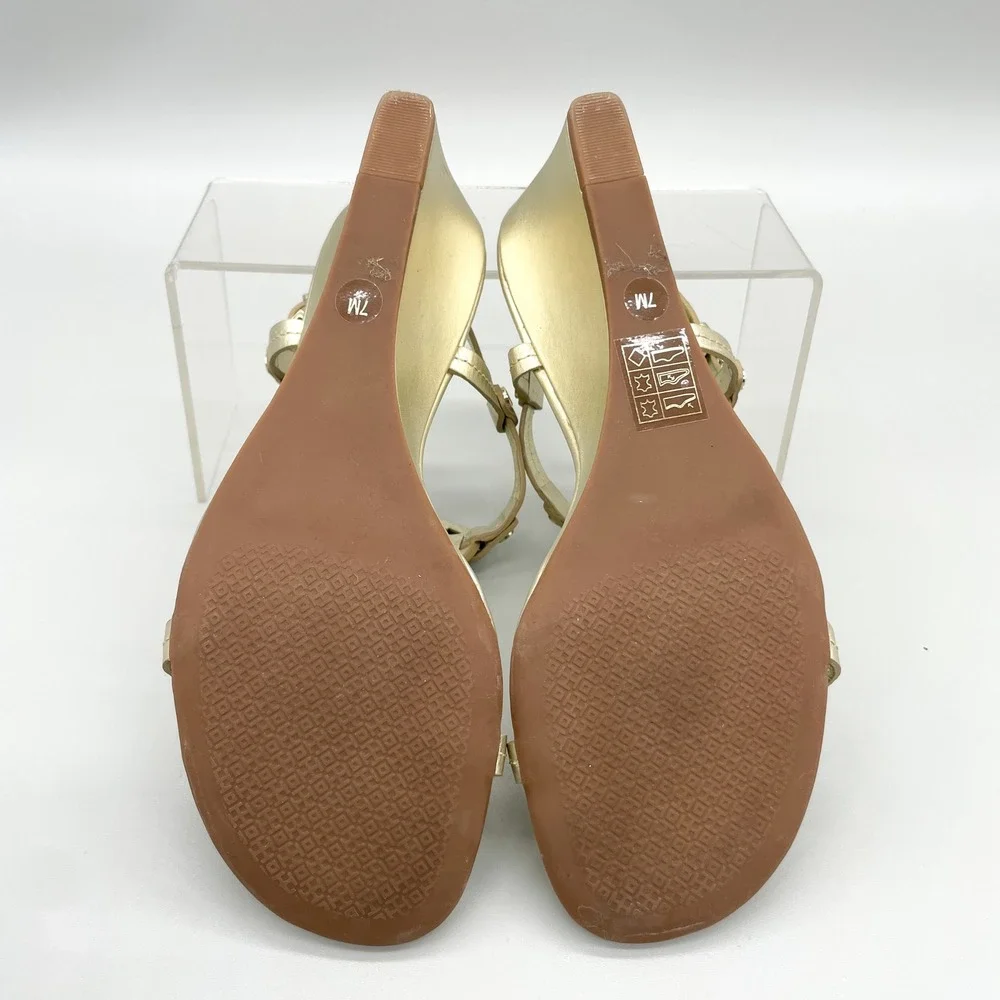 Tory Burch Miller T Strap Wedge Sandals Womens 7M Metallic Gold Leather Logo